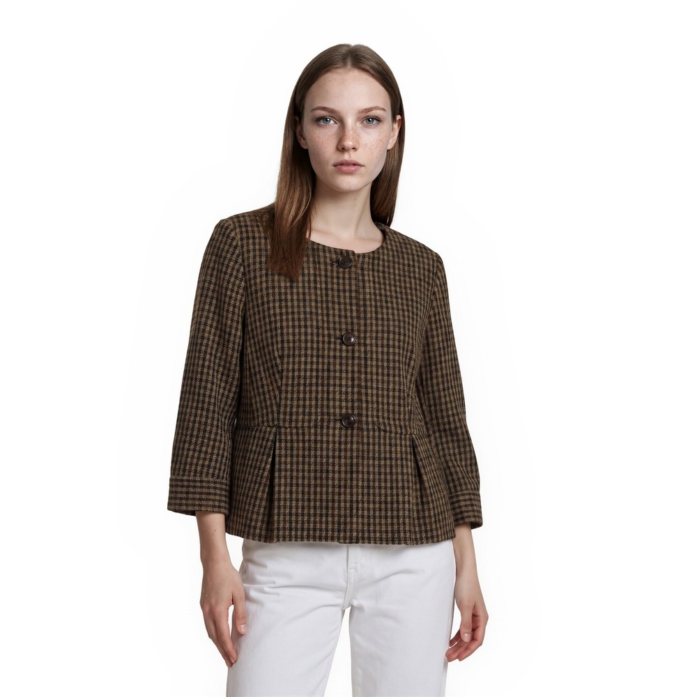 Talbots Blazer Women's Size 14 Brown Black Houndstooth Plaid 100% Wool Peplum